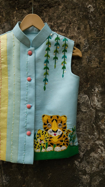 Handcrafted Boys Mother & Baby Tiger Kurta Bundi Jacket Set | Desi Kalakar