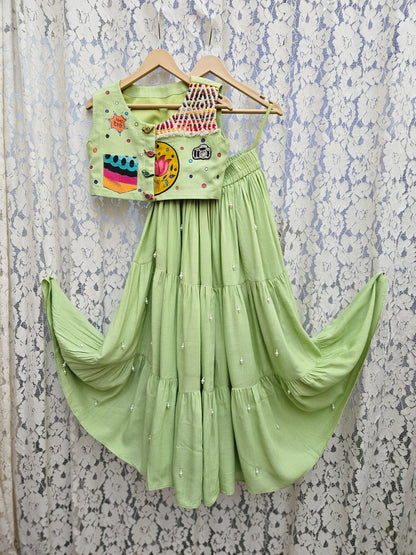 Pistachio Green  Boho Handcrafted Designer Lehenga Set for Girls | Desi Kalakar