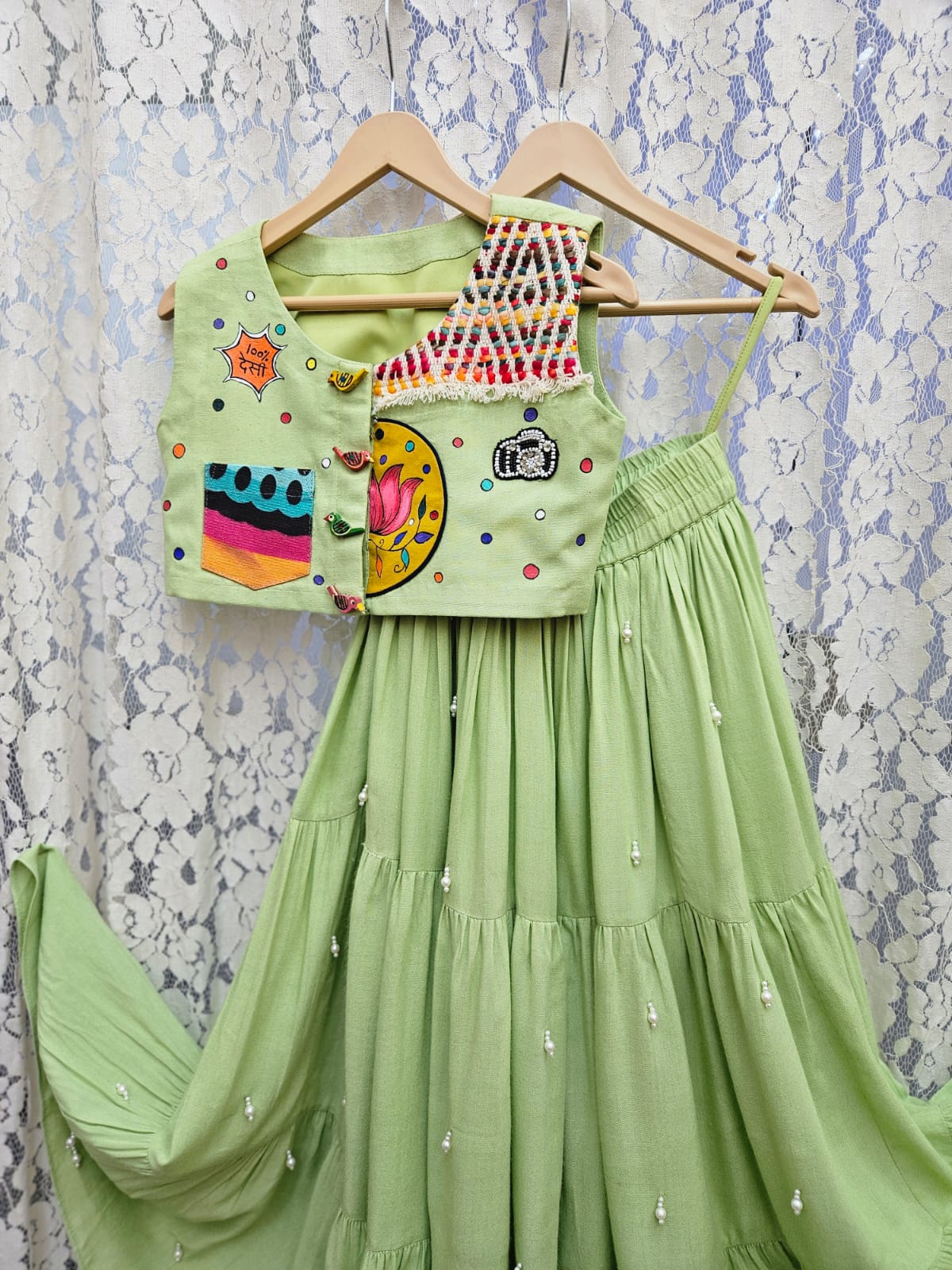 Pistachio Green  Boho Handcrafted Designer Lehenga Set for Girls | Desi Kalakar