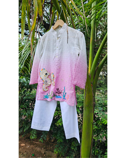 Handcrafted Kids Seahorse Ombre Kurta Pyjama Set | Desi Kalakar