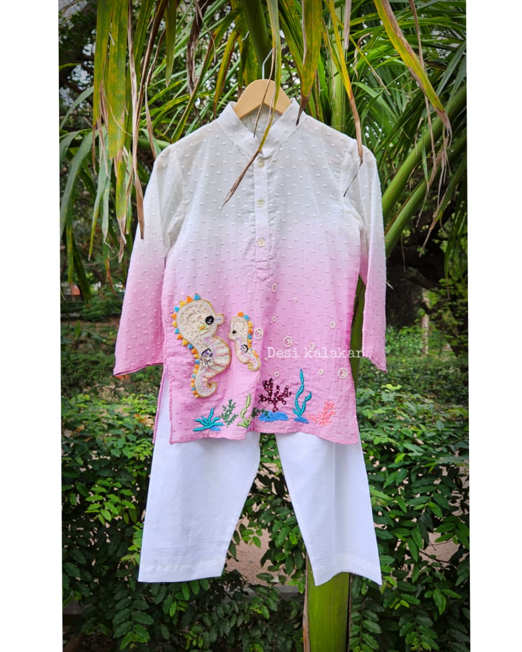Handcrafted Kids Seahorse Ombre Kurta Pyjama Set | Desi Kalakar