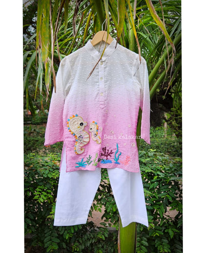 Handcrafted Kids Seahorse Ombre Kurta Pyjama Set | Desi Kalakar