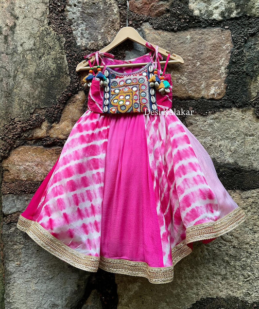 Boho Pink Tie-Dye Mirror Work Lehenga Set for Little Girls