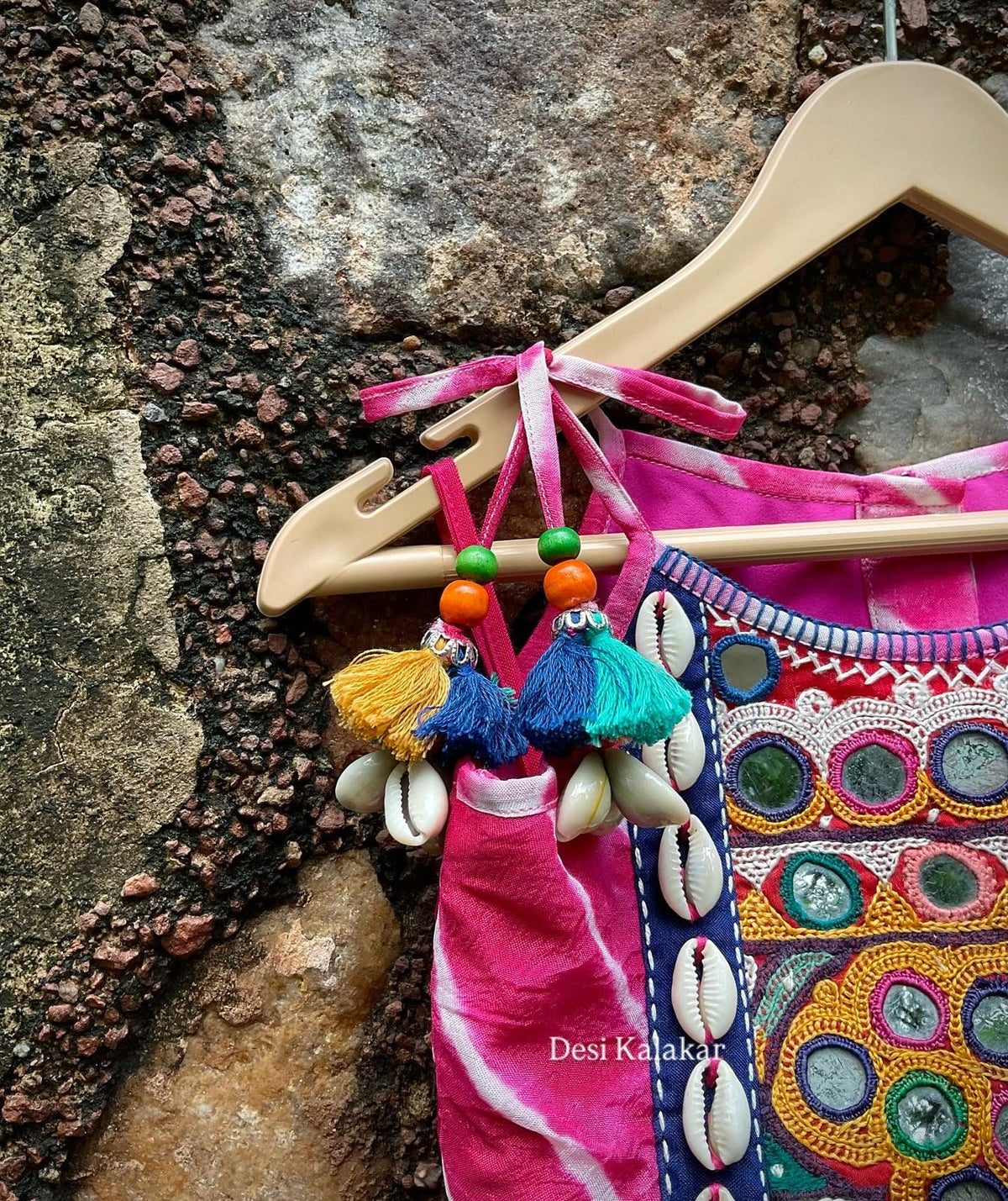 Boho Pink Tie-Dye Mirror Work Lehenga Set for Little Girls