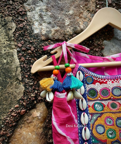 Boho Pink Tie-Dye Mirror Work Lehenga Set for Little Girls