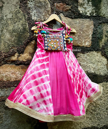 Boho Pink Tie-Dye Mirror Work Lehenga Set for Little Girls