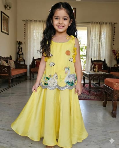 Girls Designer Yellow Swan Embroidered A-line Top & Flared Pants Set | Festive Kids Wear