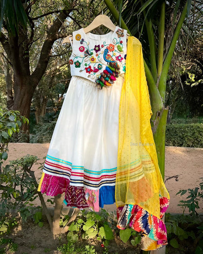 Girls Designer White & Yellow Ethnic Lehenga Choli Set | Kids Festive Wear