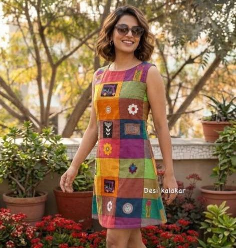 Multicolour-Checks  Dress with Hand Embroidery / Desi Kalakar