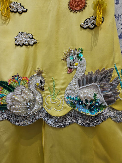 Girls Designer Yellow Swan Embroidered A-line Top & Flared Pants Set | Festive Kids Wear