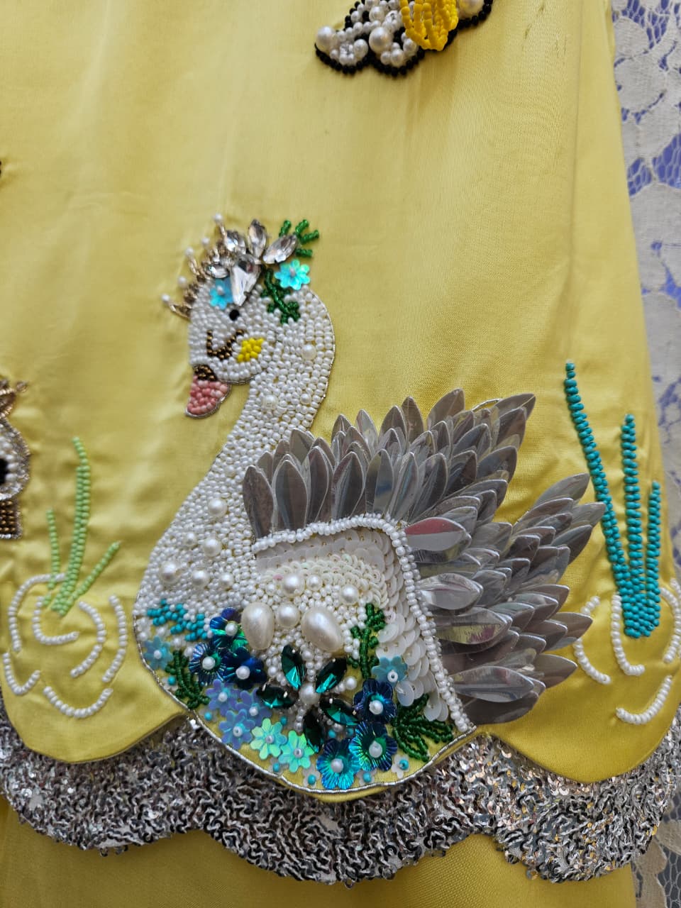 Girls Designer Yellow Swan Embroidered A-line Top & Flared Pants Set | Festive Kids Wear