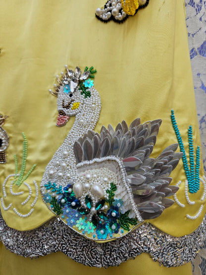 Girls Designer Yellow Swan Embroidered A-line Top & Flared Pants Set | Festive Kids Wear