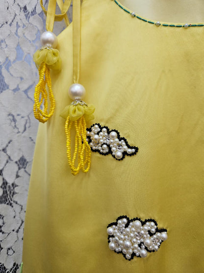 Girls Designer Yellow Swan Embroidered A-line Top & Flared Pants Set | Festive Kids Wear