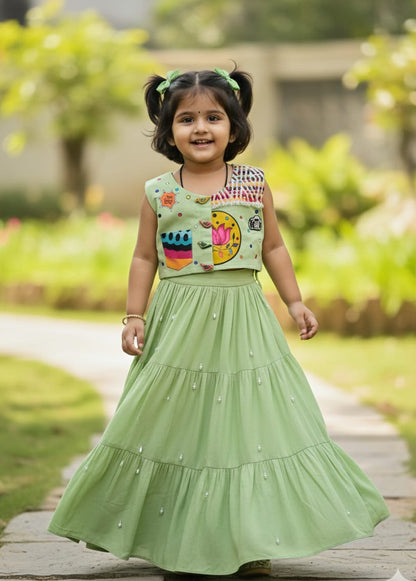 Pistachio Green  Boho Handcrafted Designer Lehenga Set for Girls | Desi Kalakar