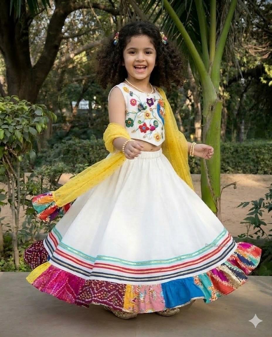 Girls Designer White & Yellow Ethnic Lehenga Choli Set | Kids Festive Wear