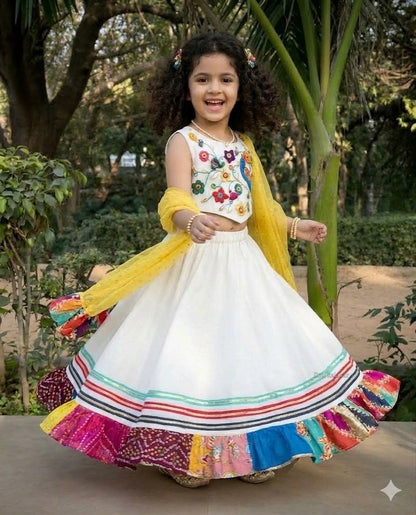 Girls Designer White & Yellow Ethnic Lehenga Choli Set | Kids Festive Wear