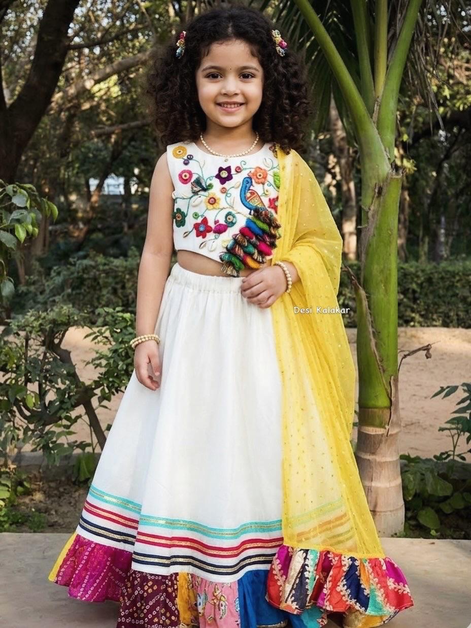 Girls Designer White & Yellow Ethnic Lehenga Choli Set | Kids Festive Wear