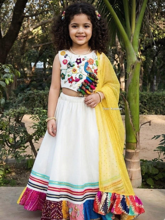 Girls Designer White & Yellow Ethnic Lehenga Choli Set | Kids Festive Wear