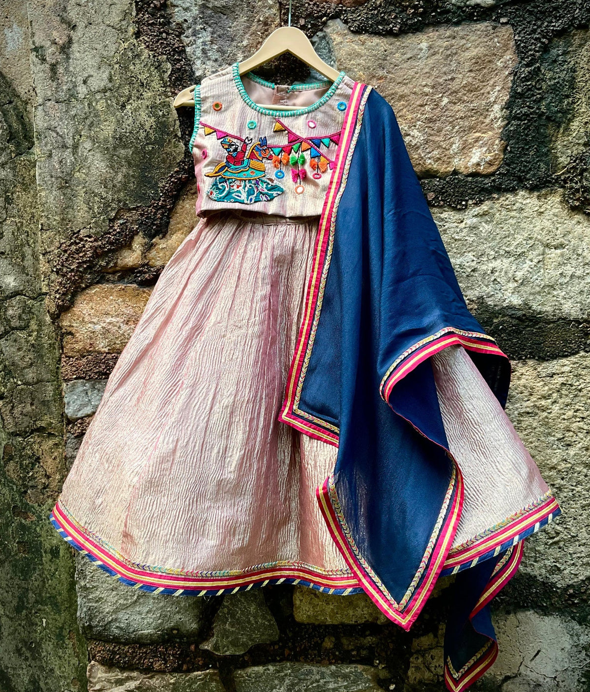 Girls Designer Pink & Blue Ethnic Lehenga Choli Set | Festive Wear for Kids