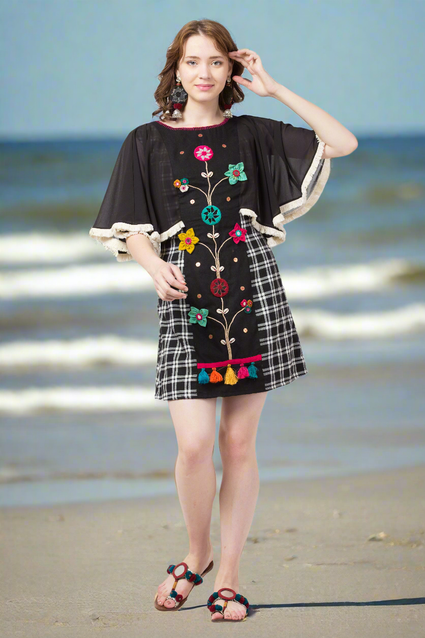 Black & White Checks Cape Sheath Dress