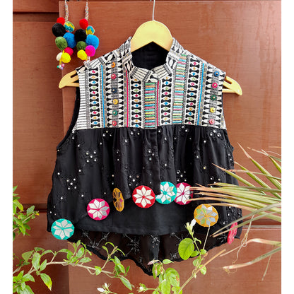 Cotton Jacquard Mirror & Sequins Work Banjaran  Crop Top - Black