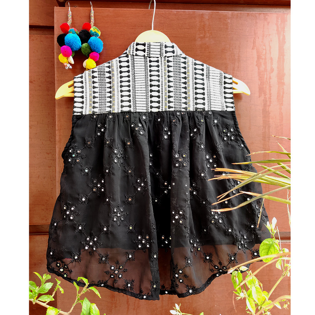 Cotton Jacquard Mirror & Sequins Work Banjaran  Crop Top - Black