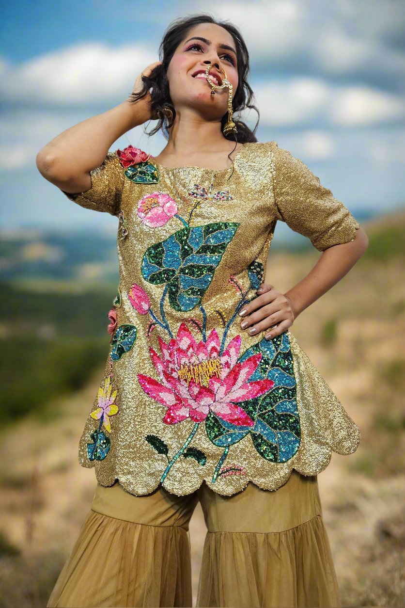 handcrafted gold sequins sharara set with lotus pond artwork