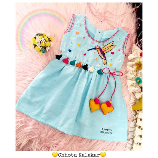 Baby Humming Bird kid's cotton dress- Baby blue