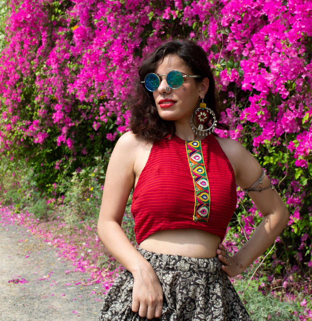 Red halter blouse and double handkerchief skirt set
