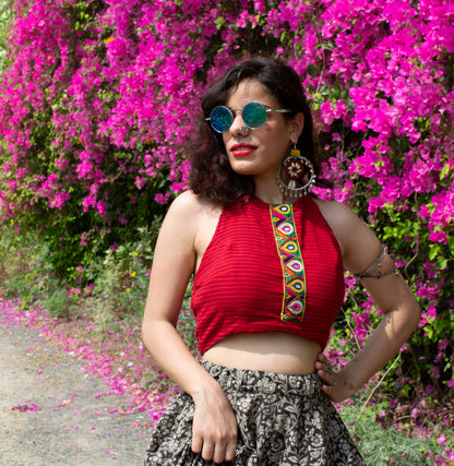 Red halter blouse and double handkerchief skirt set