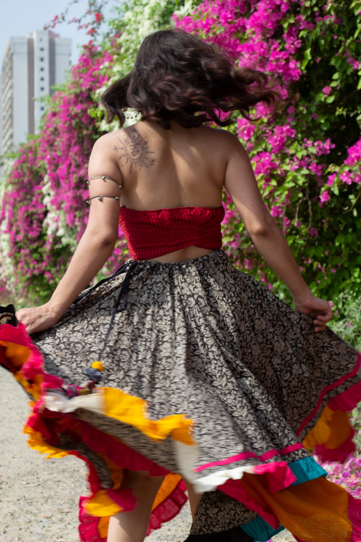 Red halter blouse and double handkerchief skirt set