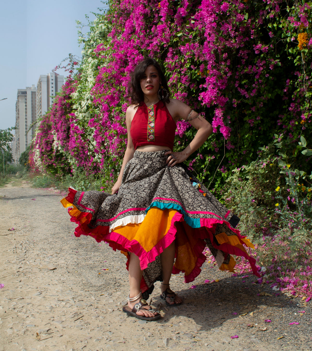 Red halter blouse and double handkerchief skirt set