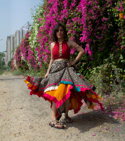 Red halter blouse and double handkerchief skirt set