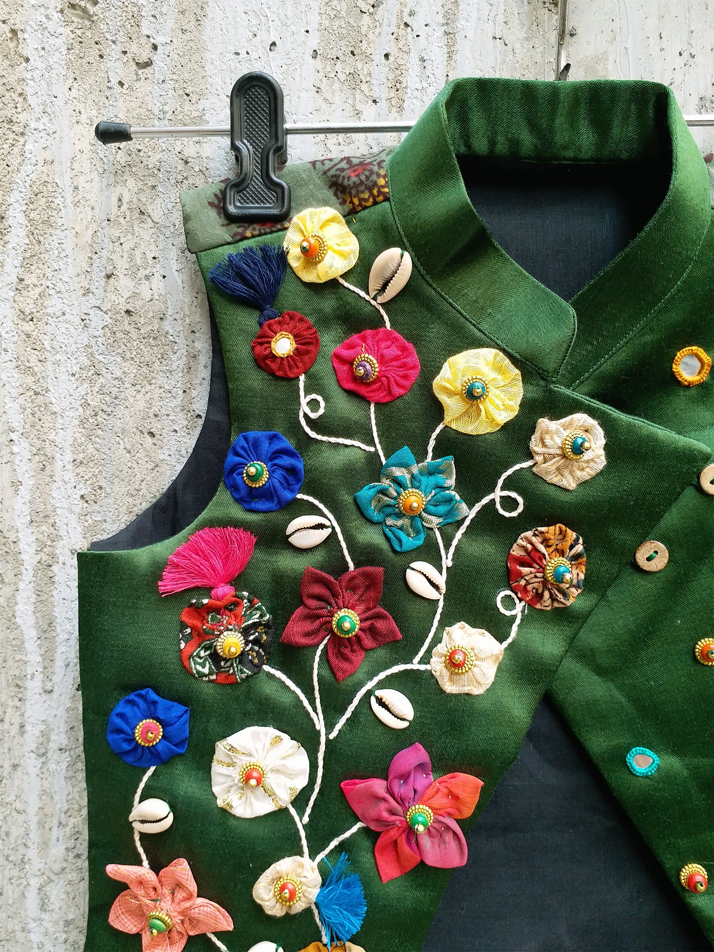 Boys Handcrafted Emerald Green Mashru Silk Festive Jacket | Desi Kalakar